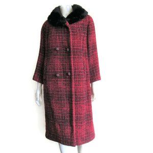 Vintage Red and Black Wool Tweed Coat with Beaver Collar